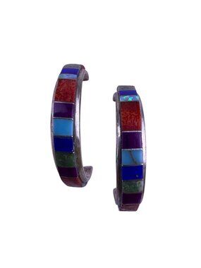 Sterling Women Multicolor Inlay Hoop Earrings Silver Red/Blue/Green/Stone
